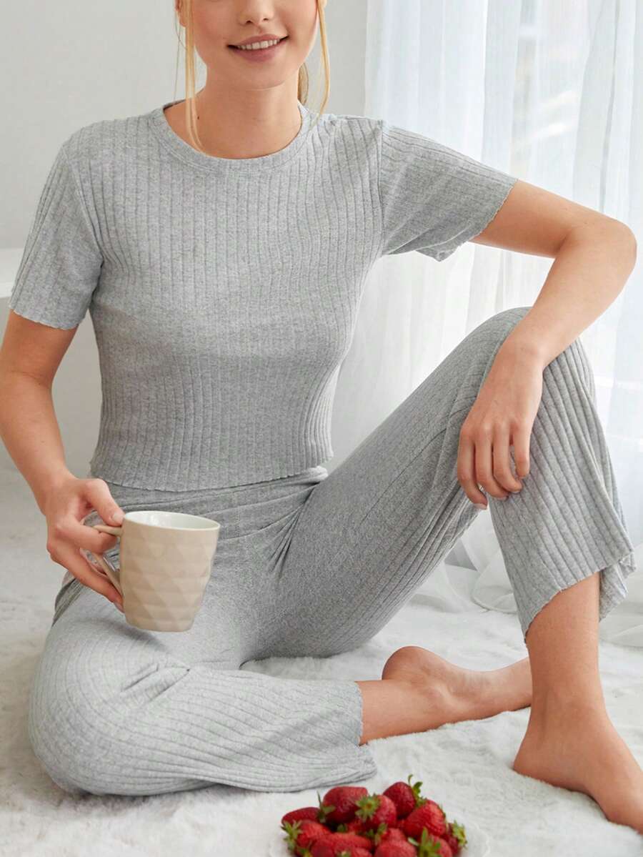 Cottnline Solid Ribbed Knit Tee & Trousers