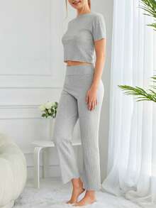 Cottnline Solid Ribbed Knit Tee & Trousers