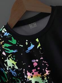 SHEIN 幼兒男孩酷夜光潑彩撞色短袖T恤，寬鬆舒適，黑色，夏季 - 黑色 - 查看 3