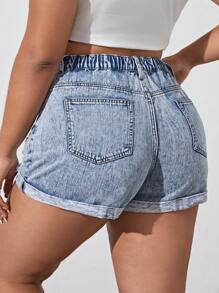 SHEIN Essnce Plus Ripped Roll Up Hem Denim Shorts - Light Wash - View 2