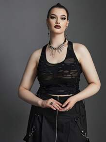 Plus Ripped Drawstring Side Crop Tank Top - Black - View 1