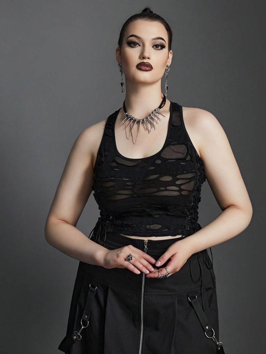 Plus Ripped Drawstring Side Crop Tank Top - Black - View 1