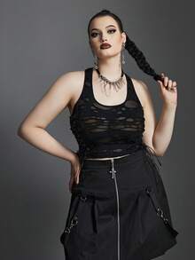 Plus Ripped Drawstring Side Crop Tank Top - Black - View 3
