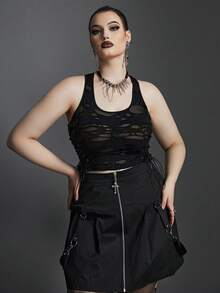 Plus Ripped Drawstring Side Crop Tank Top - Black - View 4