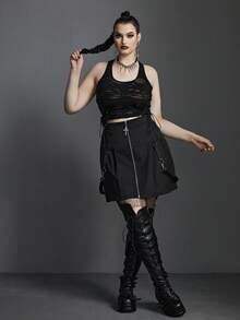 Plus Ripped Drawstring Side Crop Tank Top - Black - View 6