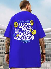 Manfinity EMRG 男士標語和卡通圖案落肩T恤 - 藏蓝色 - 查看 2