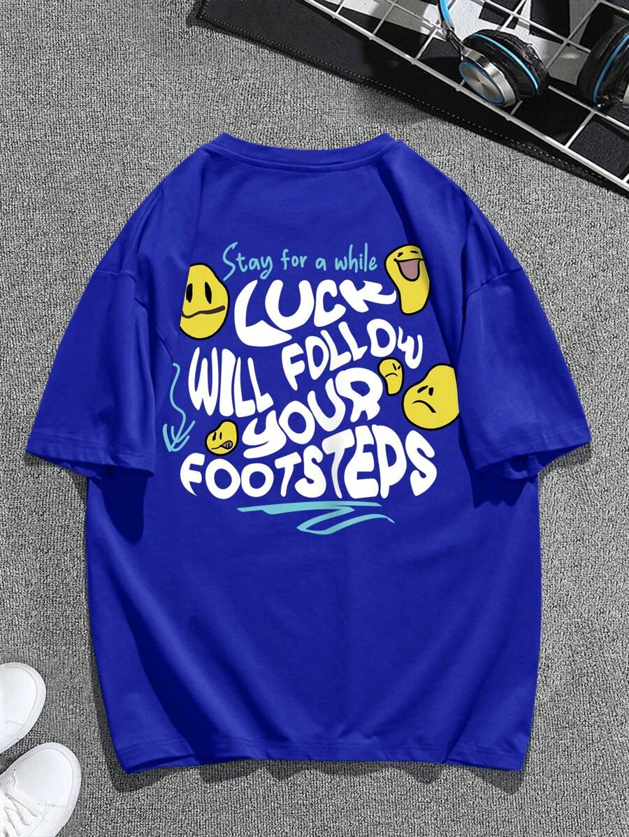 Manfinity EMRG 男士標語和卡通圖案落肩T恤 - 藏蓝色 - 查看 1