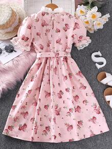 SHEIN 女孩印花荷葉邊泡泡袖前蝴蝶結連衣裙 - 粉色 - 查看 2