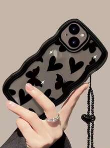 1 件时尚万圣节元素建筑与夜景印花防震手机壳，适用于 iPhone 16、11、12、13、14、11 Pro Max、12 Pro Max、13 Pro Max、14 Pro Max、XR、15、15 PRO、15 PRO MAX、三星 Galaxy A05、A15、A25、A35、A55、S23、S24，带波浪图案 - 黑色心形蝴蝶结 + 挂绳