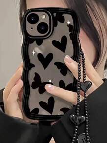 1 件时尚万圣节元素建筑与夜景印花防震手机壳，适用于 iPhone 16、11、12、13、14、11 Pro Max、12 Pro Max、13 Pro Max、14 Pro Max、XR、15、15 PRO、15 PRO MAX、三星 Galaxy A05、A15、A25、A35、A55、S23、S24，带波浪图案 - 黑色心形蝴蝶结 + 挂绳