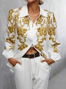 GENKIRA Floral Print Button Front Shirt - White - View 1