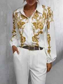 GENKIRA Floral Print Button Front Shirt - White - View 4