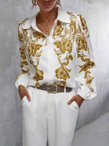 GENKIRA Floral Print Button Front Shirt - White - View 6