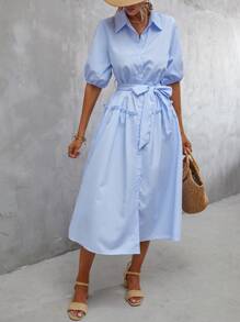 SHEIN Clasi 條紋印花腰帶襯衫連衣裙