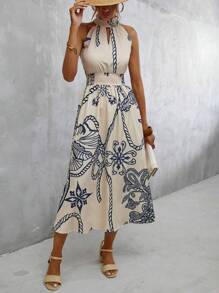 GENKIRA Floral Print Halter Neck Dress - Apricot - View 1