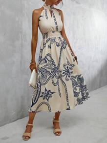 GENKIRA Floral Print Halter Neck Dress - Apricot - View 2