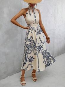 GENKIRA Floral Print Halter Neck Dress - Apricot - View 8