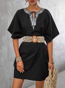 SHEIN Clasi Contrast Lace Tie Neck Batwing Sleeve Dress Without Belt - Black - View 1