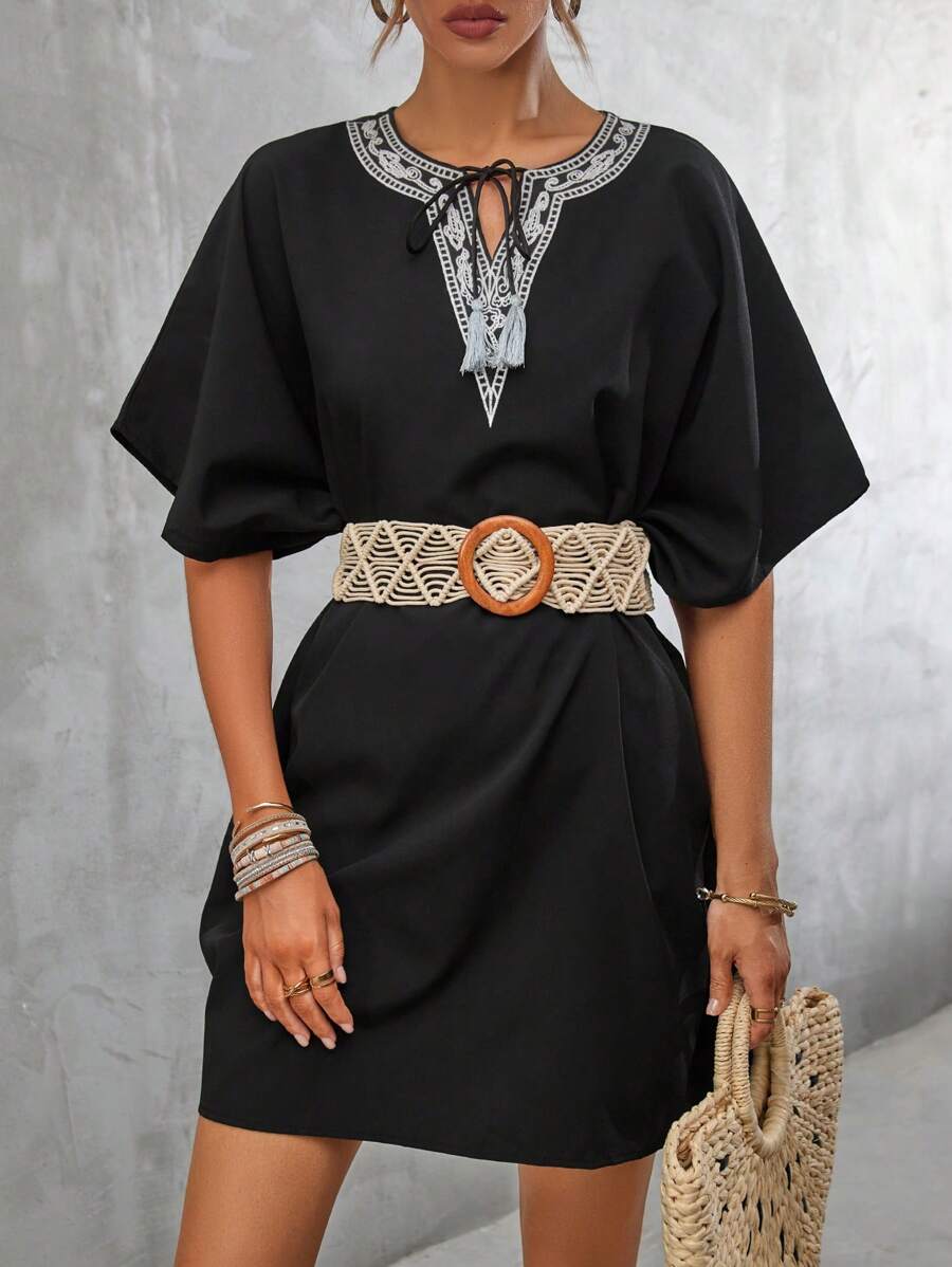 SHEIN Clasi Contrast Lace Tie Neck Batwing Sleeve Dress Without Belt - Black - View 1