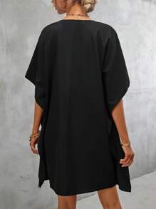 SHEIN Clasi Contrast Lace Tie Neck Batwing Sleeve Dress Without Belt - Black - View 2