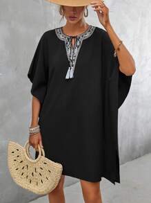 SHEIN Clasi Contrast Lace Tie Neck Batwing Sleeve Dress Without Belt - Black - View 4