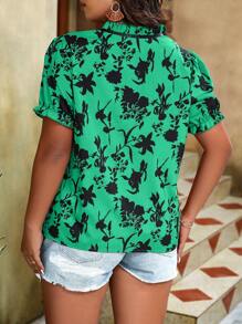 SHEIN LUNE 大碼印花繫帶領泡泡袖襯衫 - 綠色 - 查看 2