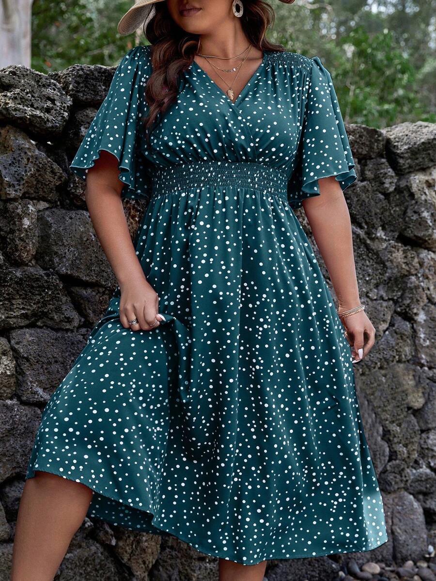 SHEIN Clasi Đầm Maxi Tay Bướm In Chấm Bi Plus Trang Phục Nữ - Màu xanh ngọc - Xem 1