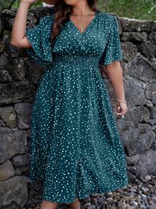 SHEIN Clasi Đầm Maxi Tay Bướm In Chấm Bi Plus Trang Phục Nữ - Màu xanh ngọc - Xem 5