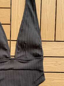 Swim SXY Summer Beach Ribbed Knit Plunging One Piece Swimsuit - Black - View 3