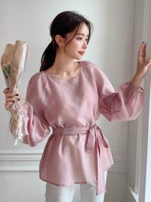 DAZY 素色插肩袖腰帶襯衫 - 粉色 - 查看 1