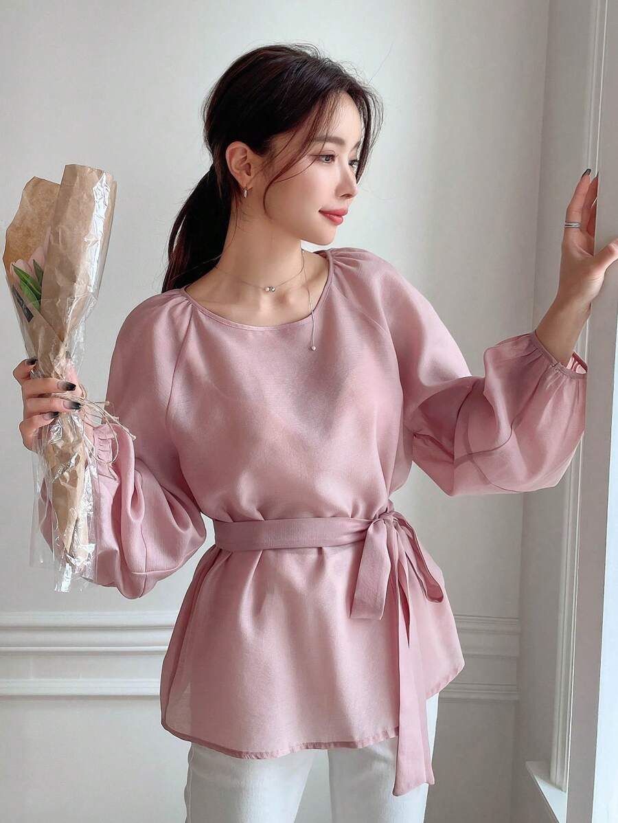 DAZY 素色插肩袖腰帶襯衫 - 粉色 - 查看 1