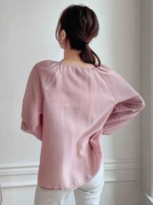 DAZY 素色插肩袖腰帶襯衫 - 粉色 - 查看 2