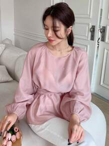 DAZY 素色插肩袖腰帶襯衫 - 粉色 - 查看 6