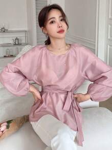 DAZY 素色插肩袖腰帶襯衫 - 粉色 - 查看 7