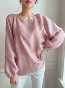 DAZY 素色插肩袖腰帶襯衫 - 粉色 - 查看 8