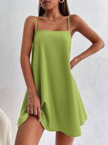 SHEIN PETITE Váy hai dây trơn - Màu xanh Ô liu - Xem 5
