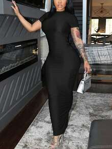 女士實色短袖圓領緊身連衣裙，黑色長裙帶劈叉休閒款 - 黑色 - 查看 3