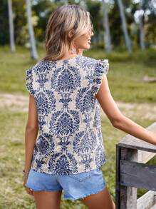 SHEIN LUNE 滿版印花荷葉邊襯衫 - 杏色 - 查看 2