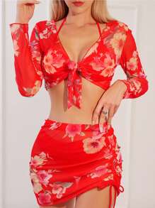 印花前打結比基尼泳裝附罩衫套裝 - 彩色 - 查看 1