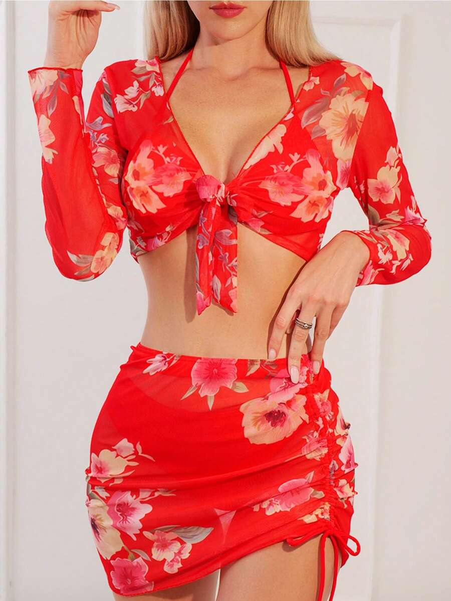 印花前打結比基尼泳裝附罩衫套裝 - 彩色 - 查看 1