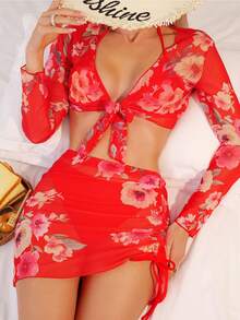 印花前打結比基尼泳裝附罩衫套裝 - 彩色 - 查看 3