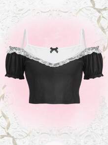 ROMWE Camiseta con encaje en contraste de hombros descubiertos - Blanco y Negro - Ver 1