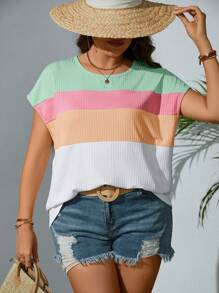 SHEIN Unity Plus Colourblock Batwing Sleeve Ribbed Knit Tee - Multicolor - View 1