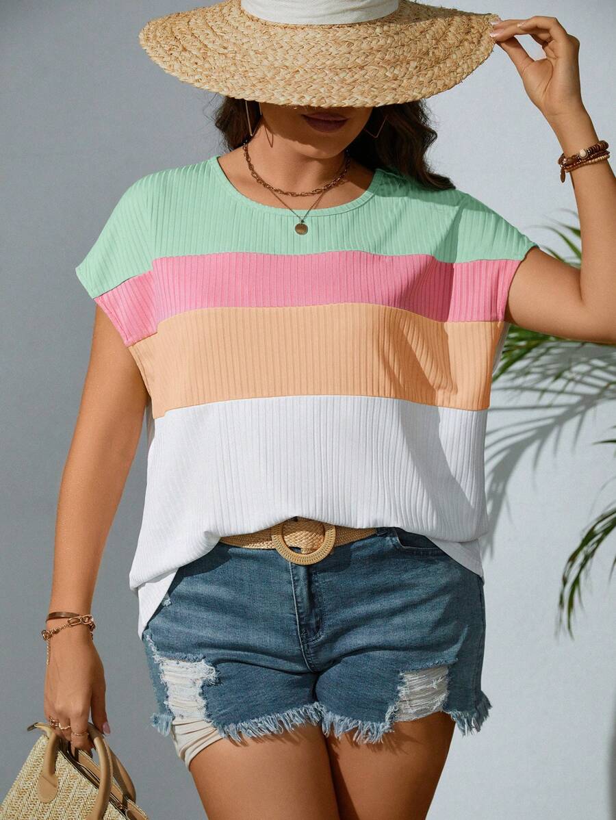 SHEIN Unity Plus Colourblock Batwing Sleeve Ribbed Knit Tee - Multicolor - View 1