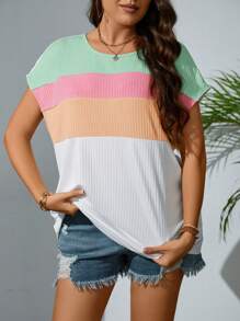 SHEIN Unity Plus Colourblock Batwing Sleeve Ribbed Knit Tee - Multicolor - View 5