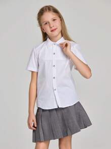 Camisa formal para niñas con botones transparentes, diseño plisado y borde inferior redondeado para uniforme escolar y actuación en primavera/verano. - Blanco - Ver 1
