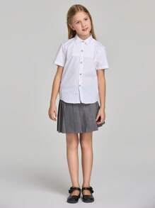 Camisa formal para niñas con botones transparentes, diseño plisado y borde inferior redondeado para uniforme escolar y actuación en primavera/verano. - Blanco - Ver 4