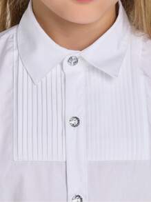 Camisa formal para niñas con botones transparentes, diseño plisado y borde inferior redondeado para uniforme escolar y actuación en primavera/verano. - Blanco - Ver 5