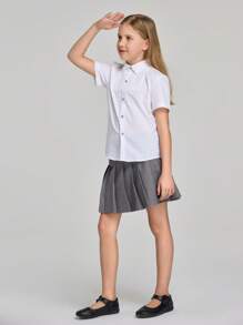 Camisa formal para niñas con botones transparentes, diseño plisado y borde inferior redondeado para uniforme escolar y actuación en primavera/verano. - Blanco - Ver 6