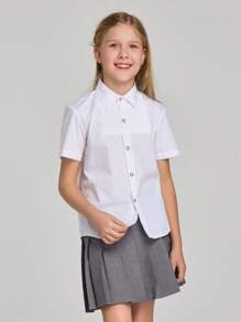 Camisa formal para niñas con botones transparentes, diseño plisado y borde inferior redondeado para uniforme escolar y actuación en primavera/verano. - Blanco - Ver 7
